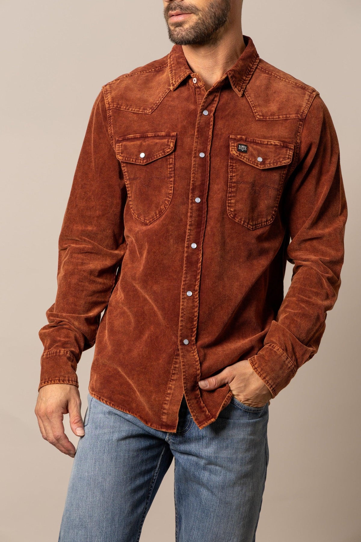 Kimes Ranch Catalina Cord dress shirt in Rust with snap-button chest pockets and a western yoke