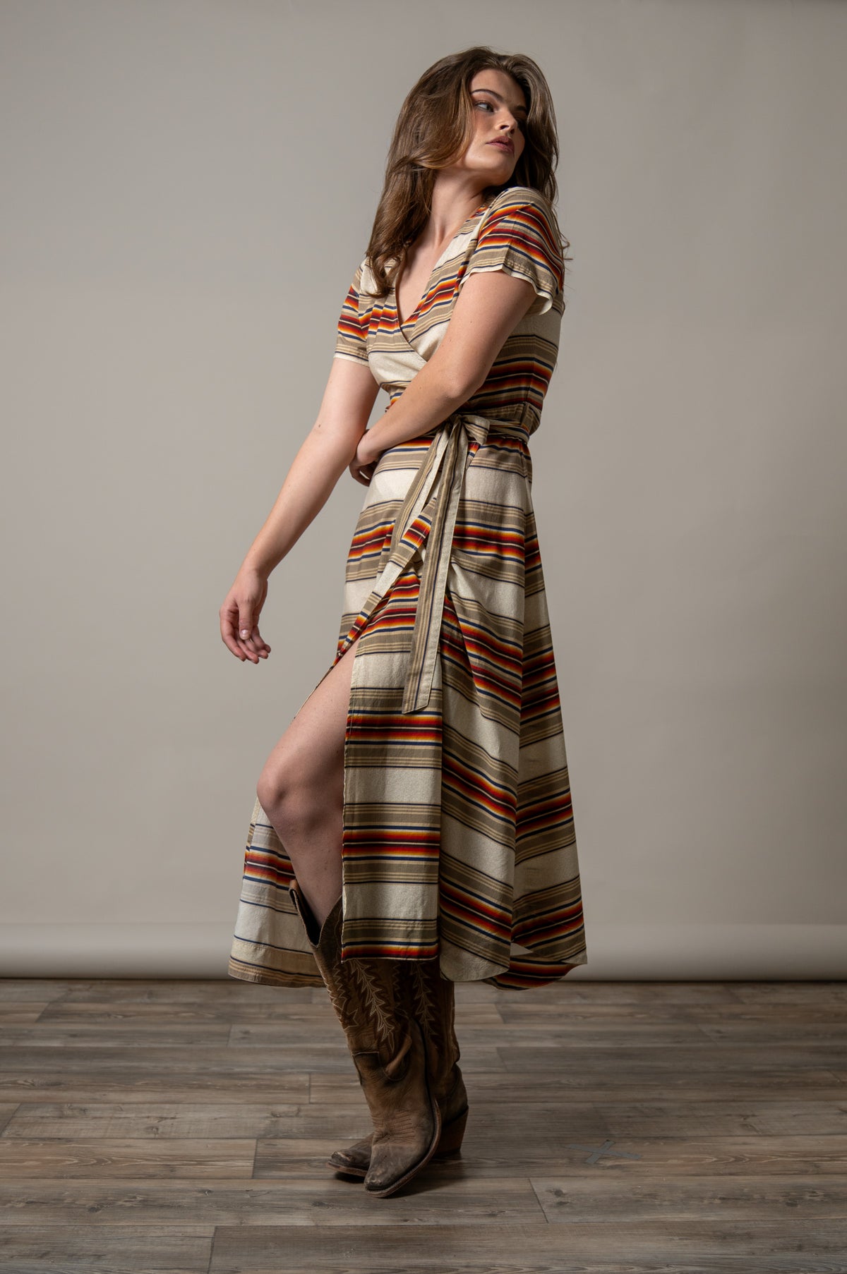 Kimes Ranch Celeste dress in Natural, side view, with short sleeves, a wrap front, and a multi-color striped pattern