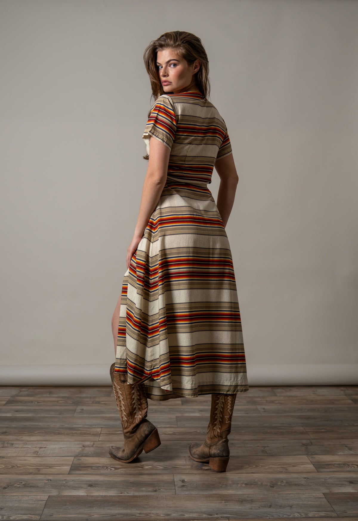 Kimes Ranch Celeste dress in Natural, side view, with short sleeves and a multi-color striped pattern