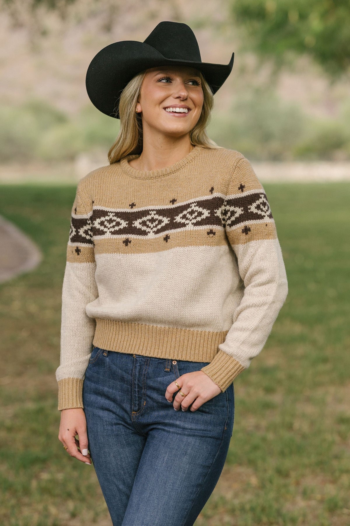 Kimes Ranch Chama Crew sweater in Oatmeal with a brown and cream geometric pattern across the chest and sleeves