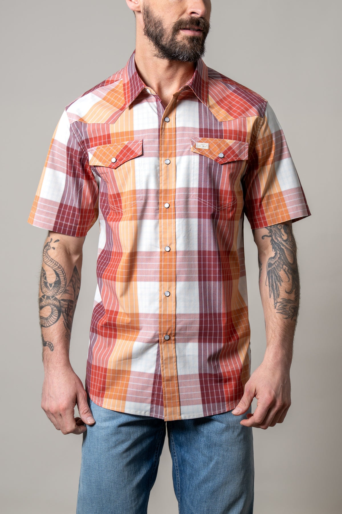 Kimes Ranch Chico short sleeve dress shirt in Red with orange and white plaid pattern and two chest pockets