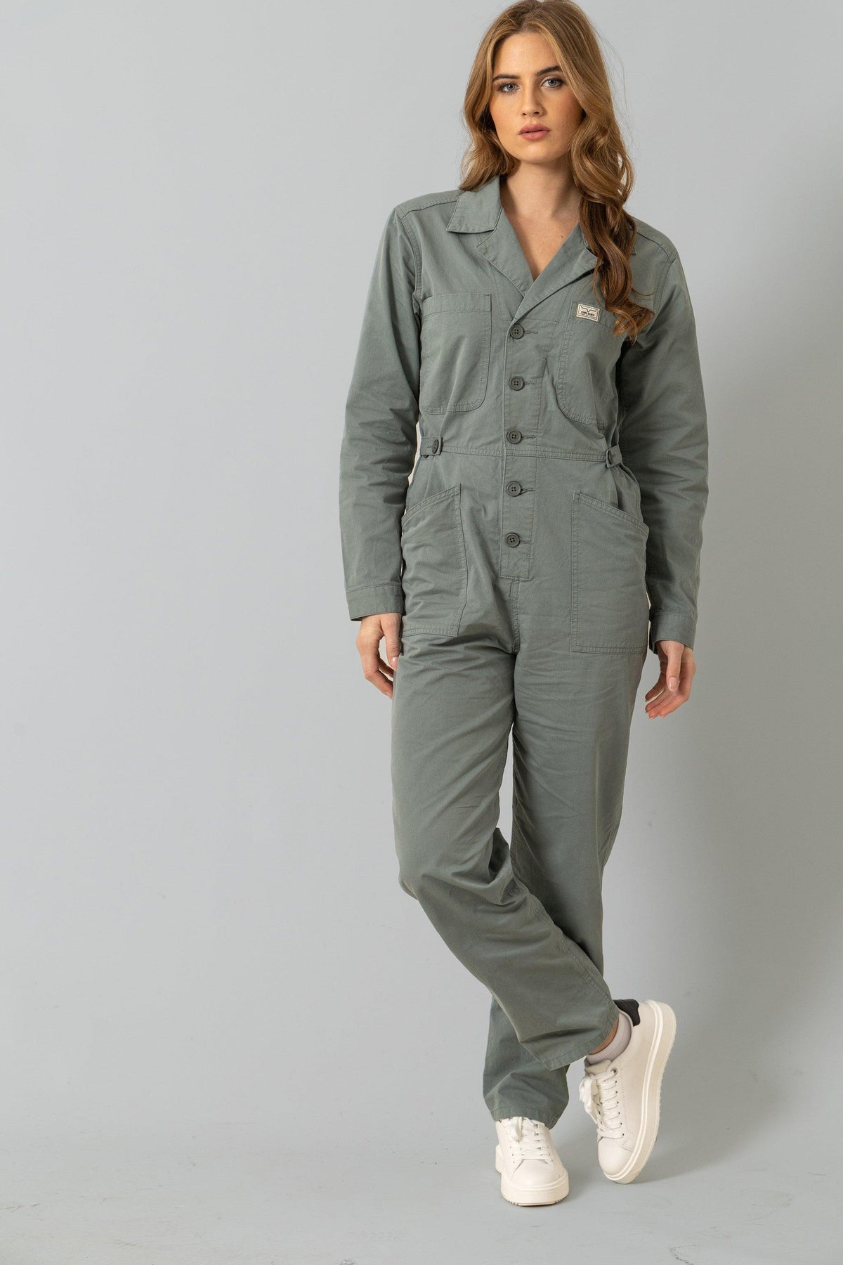 Kimes Ranch Chimayo Jumpsuit in Pine with a button front and patch pockets