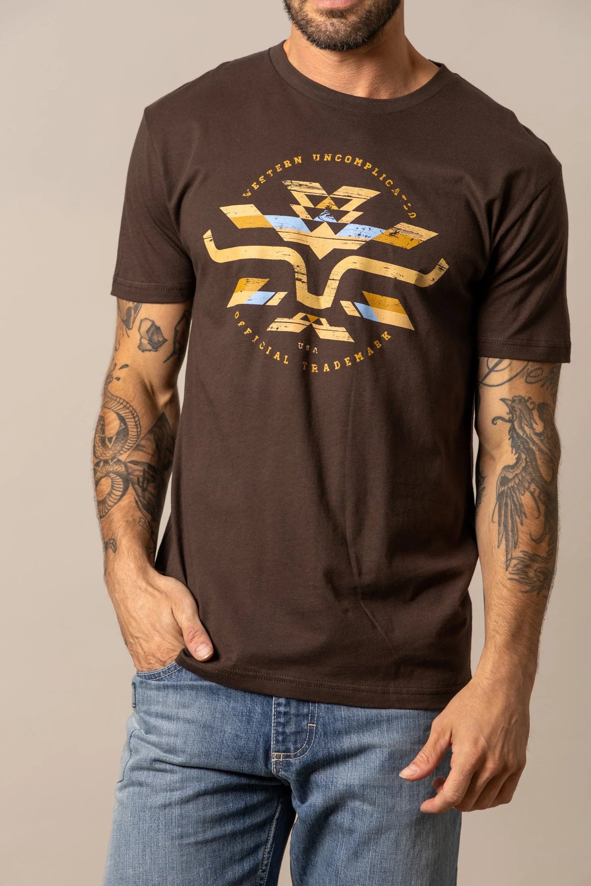 Kimes Ranch Circular Serape shirt in Dark Chocolate with a vintage graphic and Western Uncomplicated text