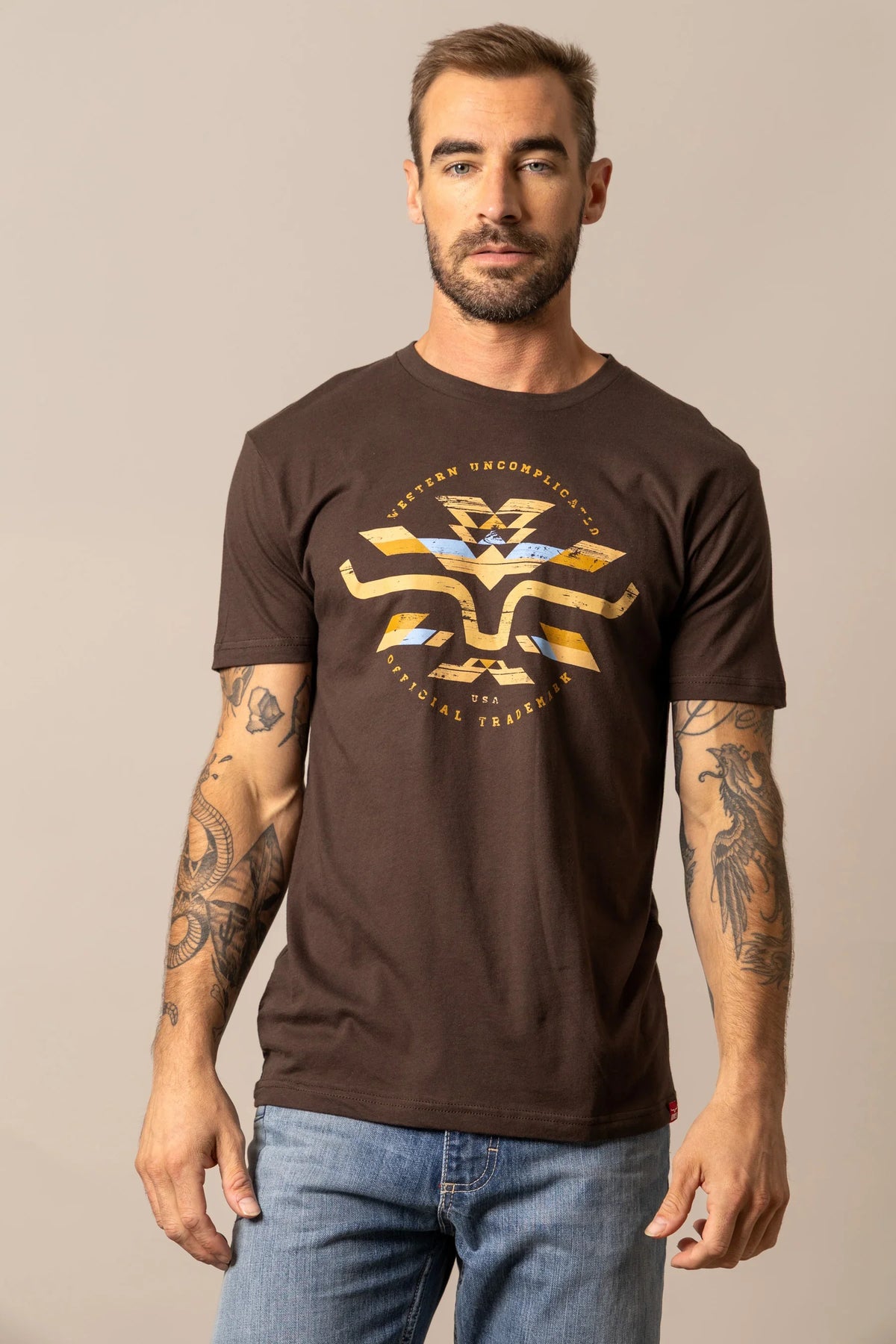Kimes Ranch Circular Serape shirt in Dark Chocolate with Western Uncomplicated Official Trademark graphic
