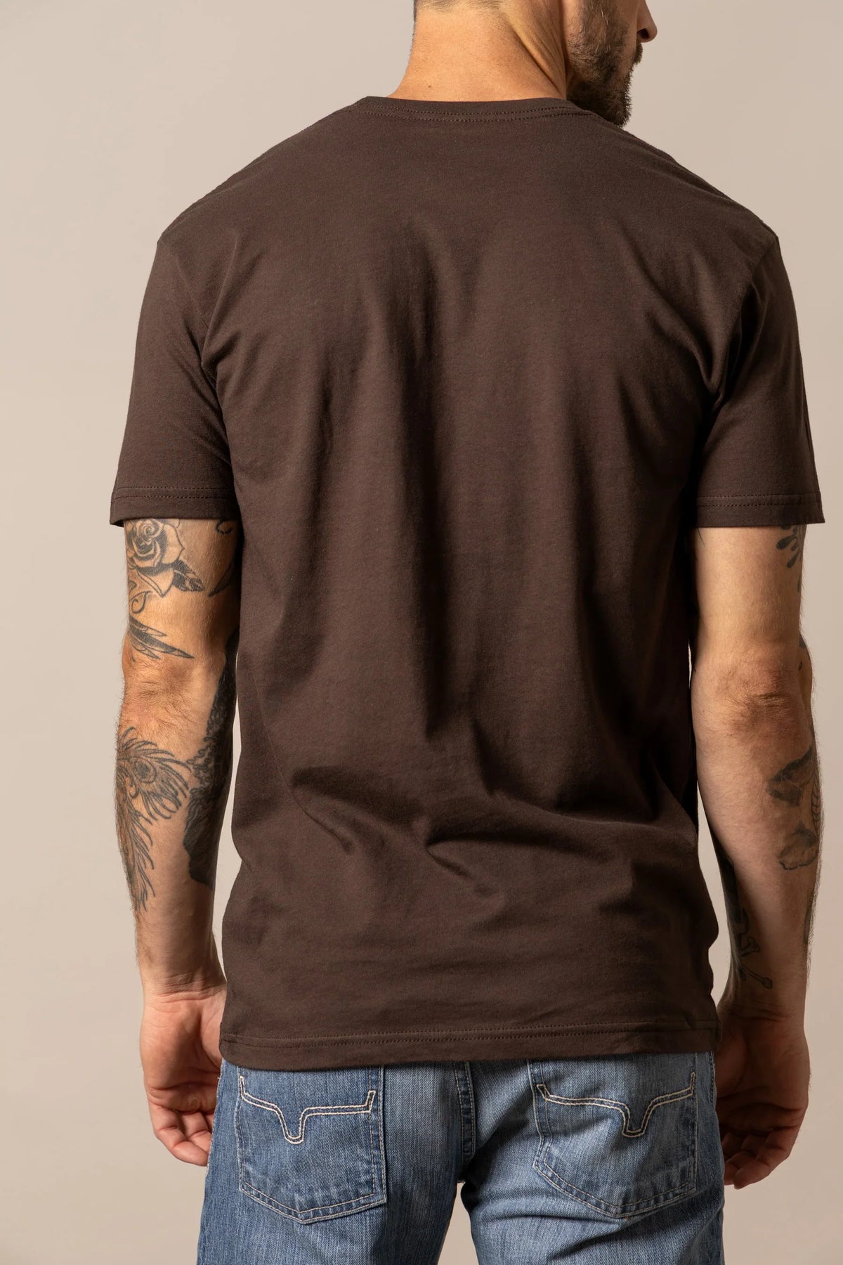 Kimes Ranch Circular Serape shirt in Dark Chocolate, back view, with short sleeves and a crew neck