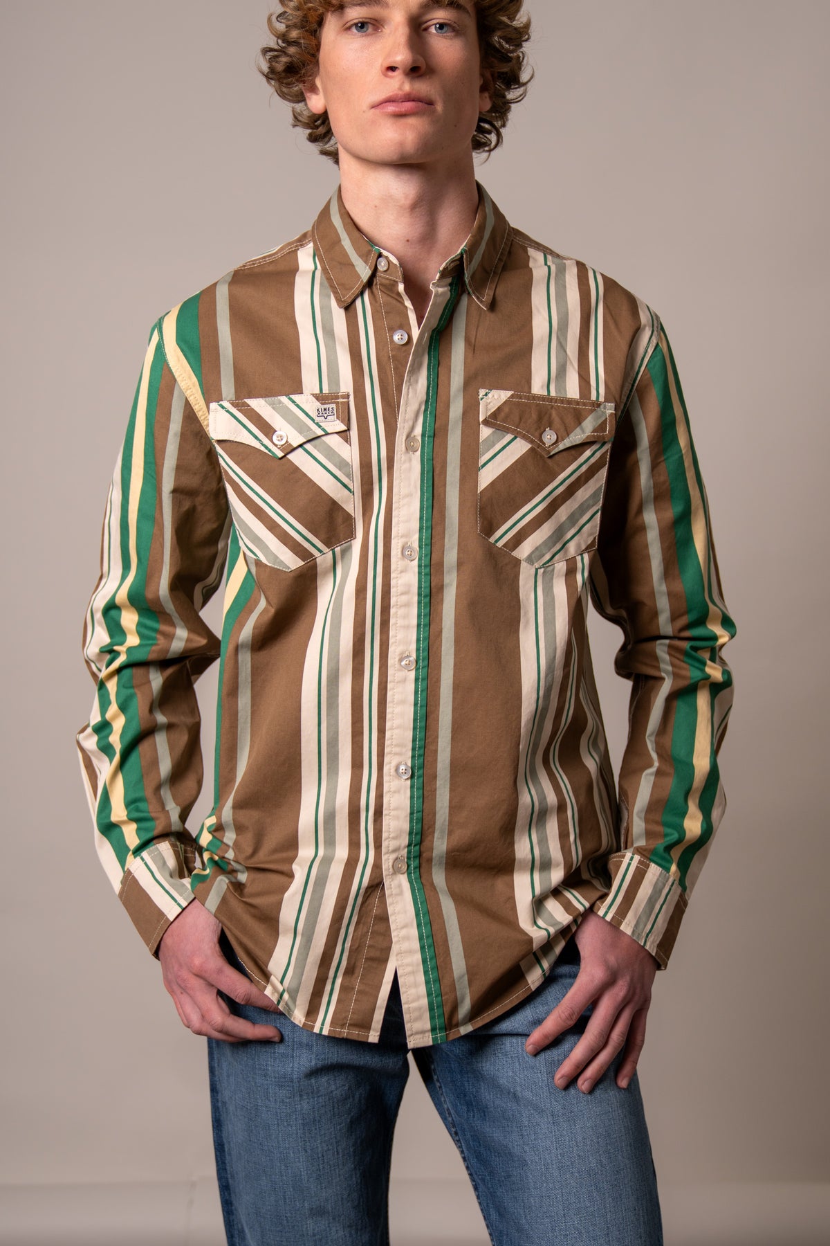 Kimes Ranch Clancy long sleeve dress shirt in Brown with green and cream stripes and two chest pockets