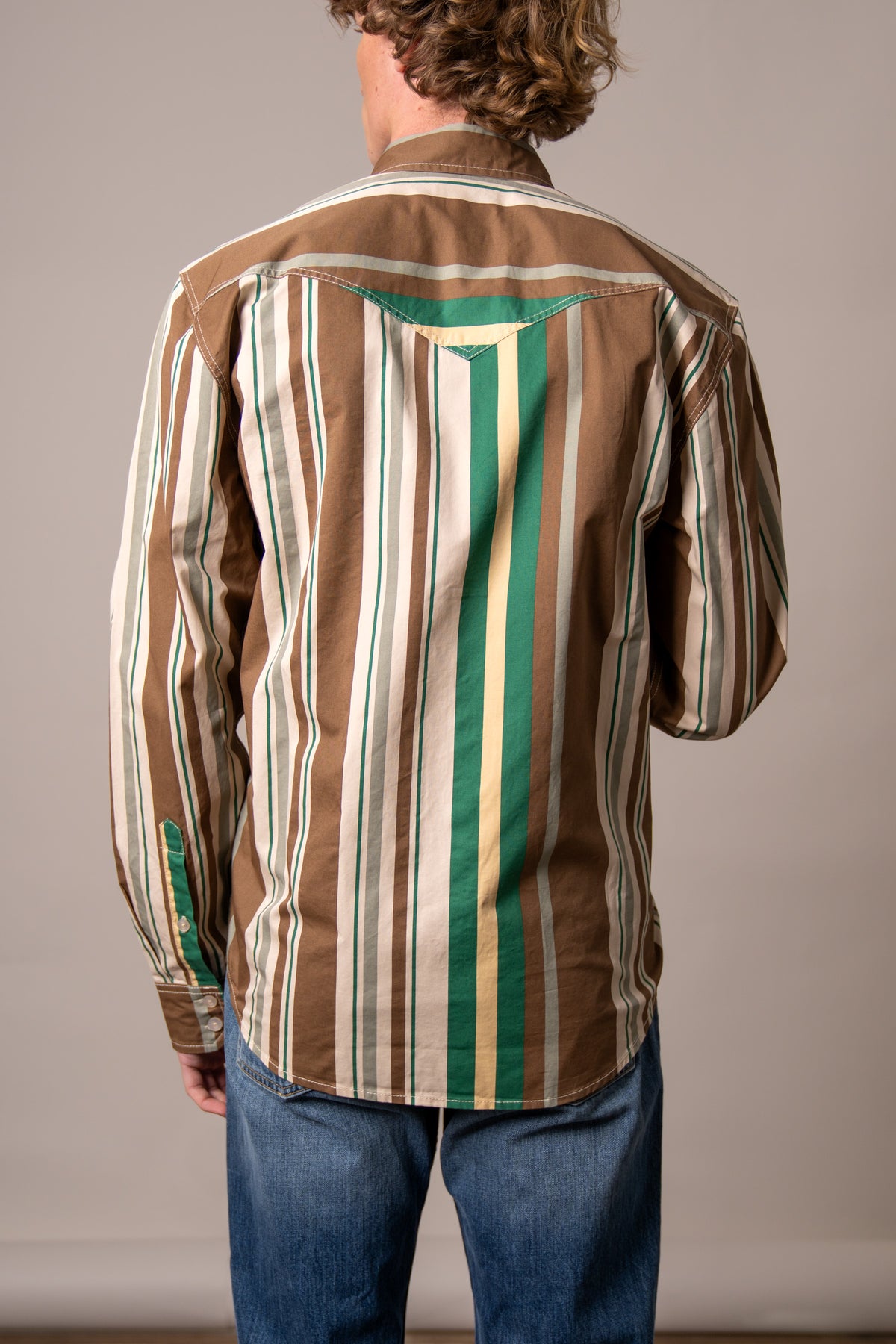 Kimes Ranch Clancy dress shirt in Brown, back view, with green and cream vertical stripes and a yoke detail