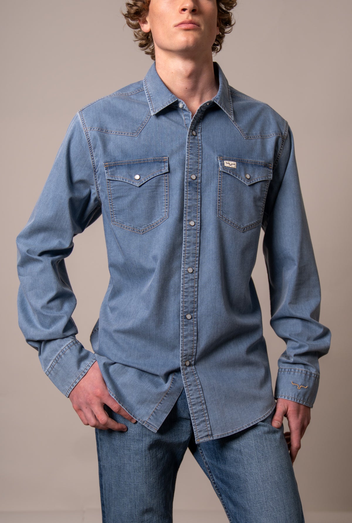 Kimes Ranch Cleavon long sleeve Blue dress shirt with western yoke and two chest pockets