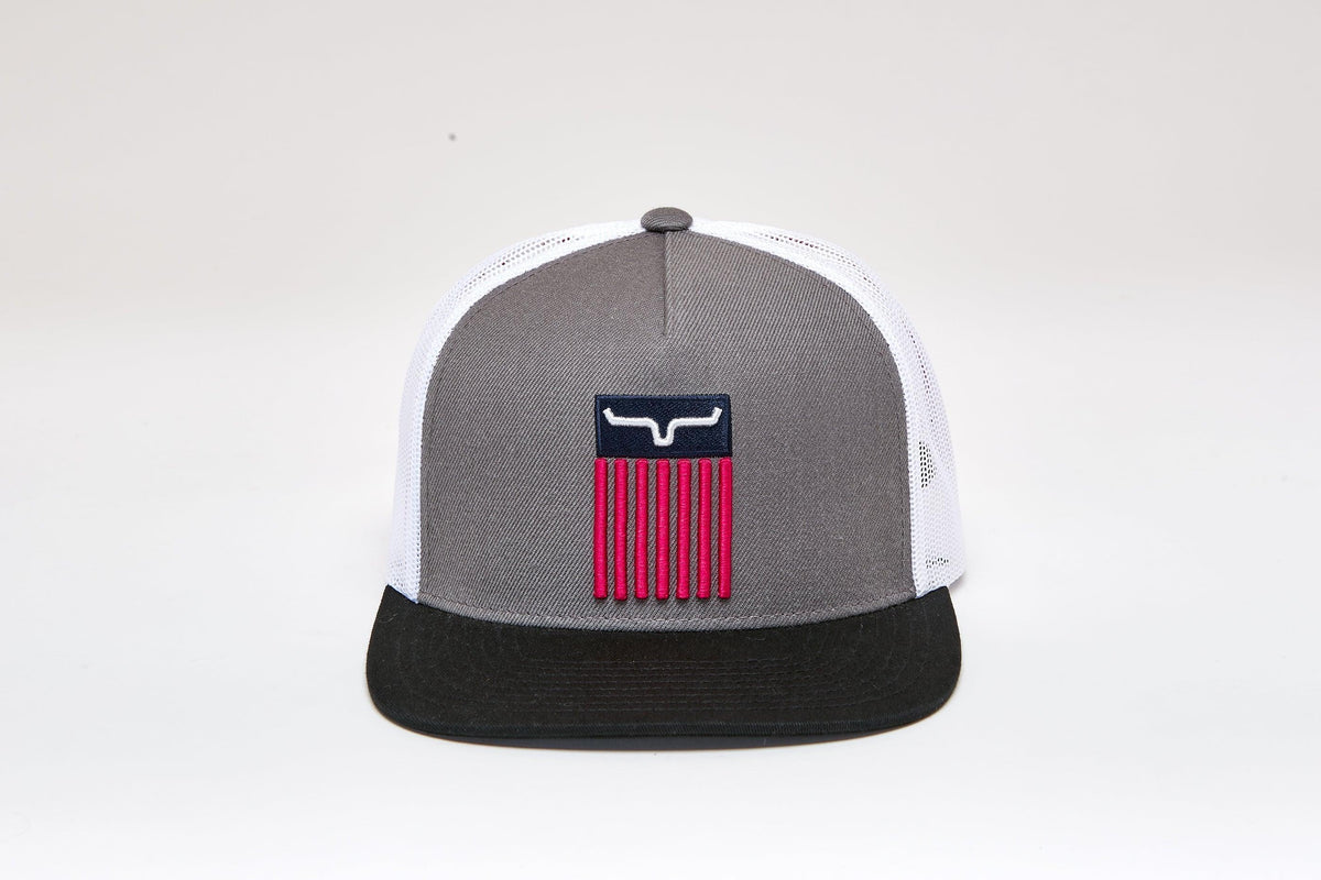 Kimes Ranch Cody Trucker hat in Charcoal with white mesh back and black brim featuring a red and navy logo