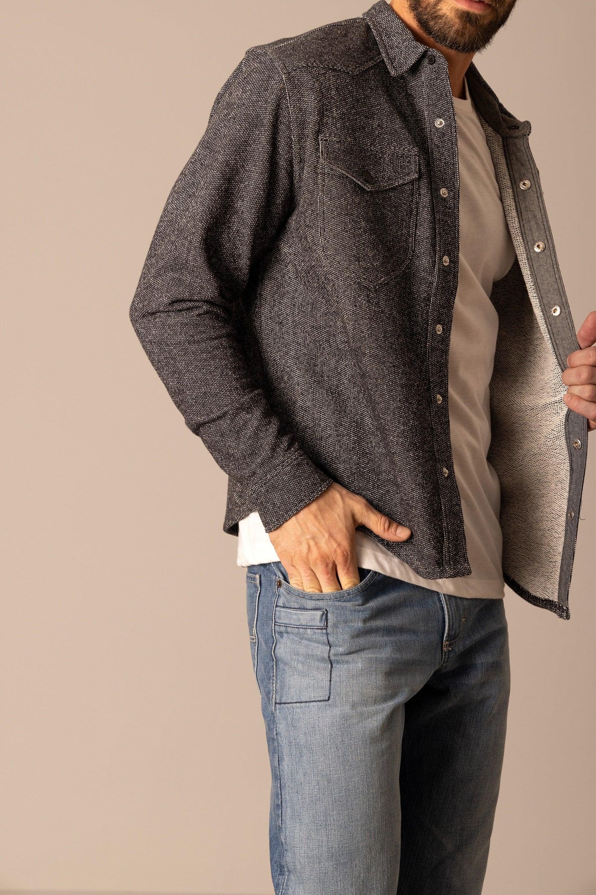 Kimes Ranch Coloma Snapfront dress shirt in Black, side view, with a chest pocket and snap front closure