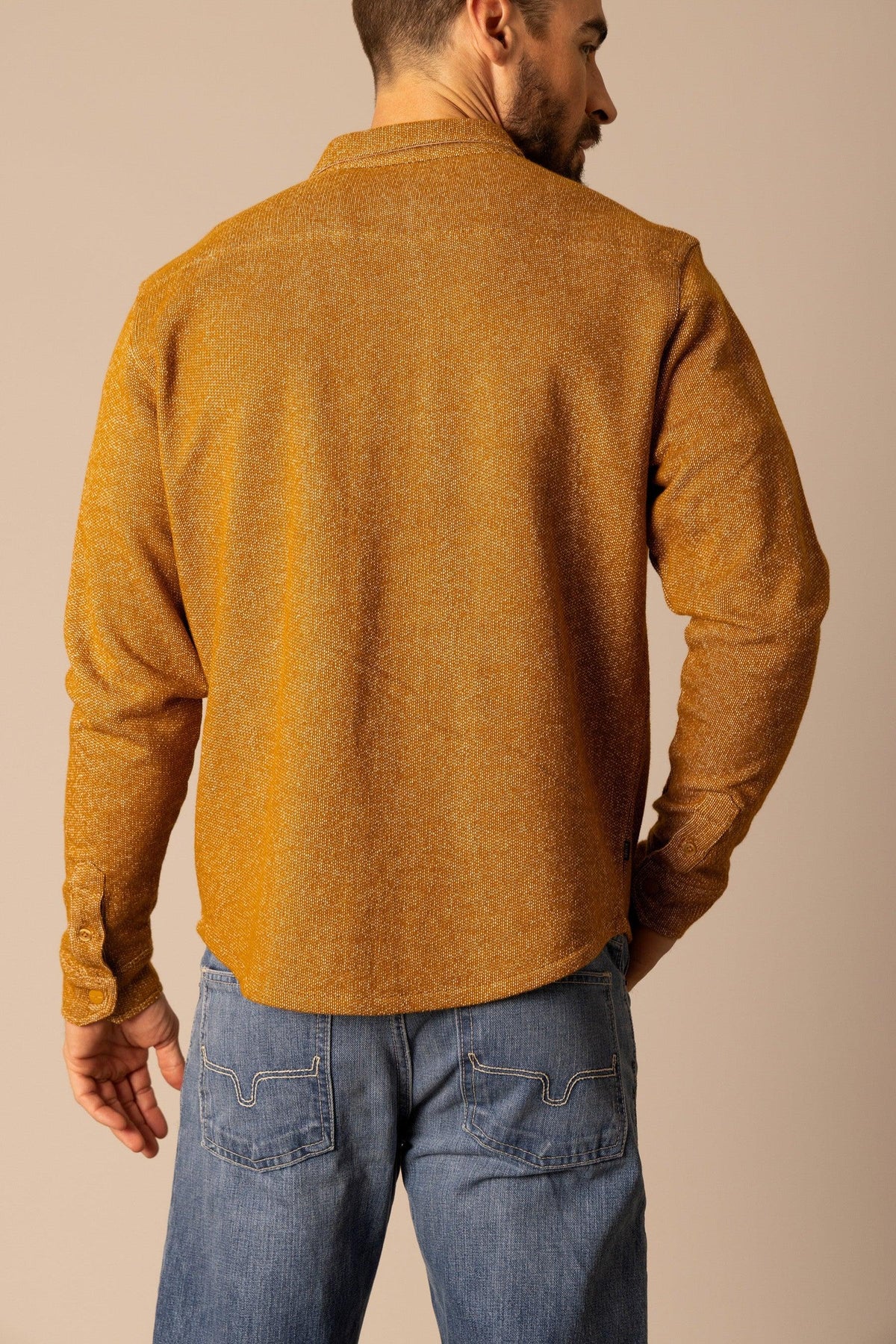 Kimes Ranch Coloma Snapfront dress shirt in Work Wear Brown, back view, with long sleeves and a back yoke