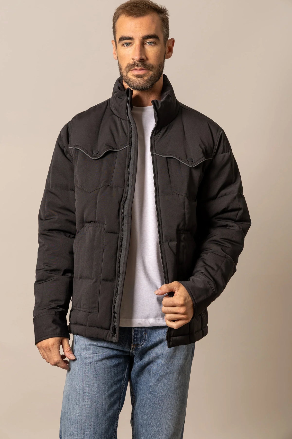 Kimes Ranch Colt Jacket in Black with a stand collar and zip front