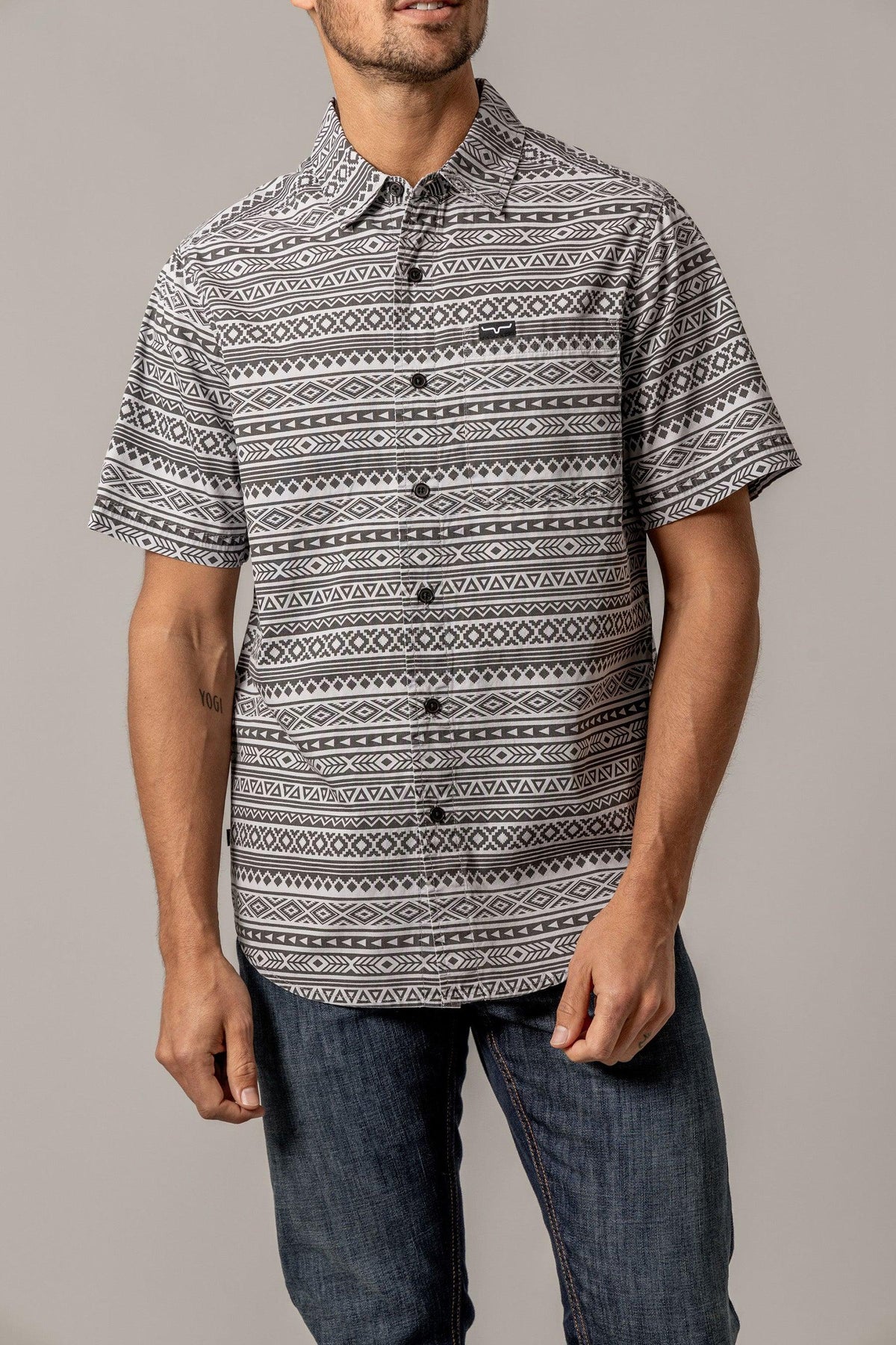 Kimes Ranch Colton Grey short sleeve button up dress shirt with geometric tribal print pattern