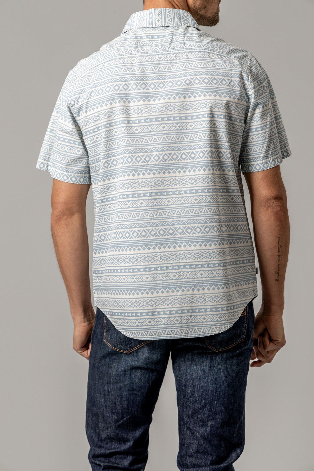 Kimes Ranch Colton dress shirt in Light Blue, back view, with a geometric pattern on the back