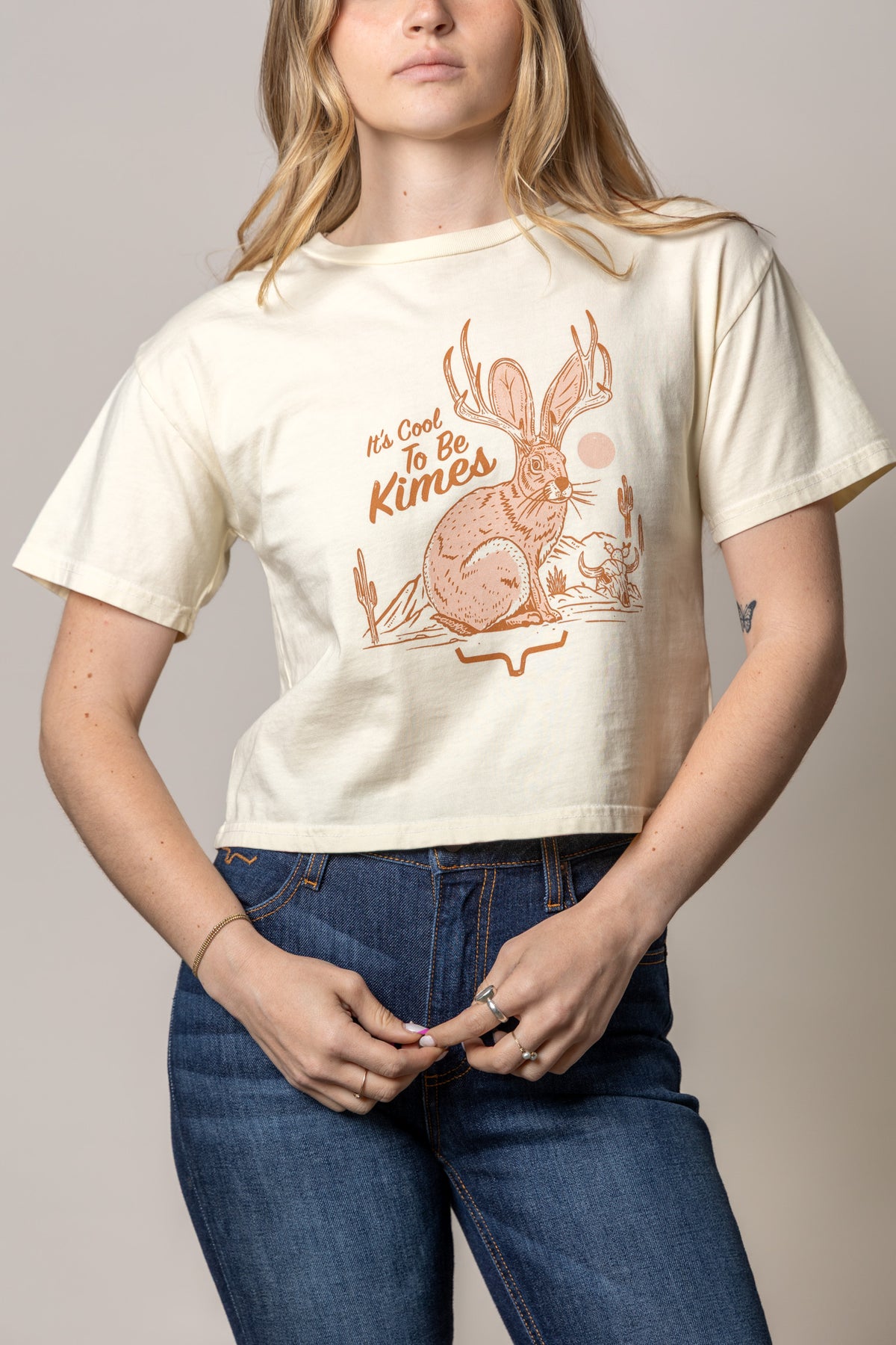 Kimes Ranch Cool Jack shirt in Ivory with a hare graphic and It's Cool To Be Kimes wording