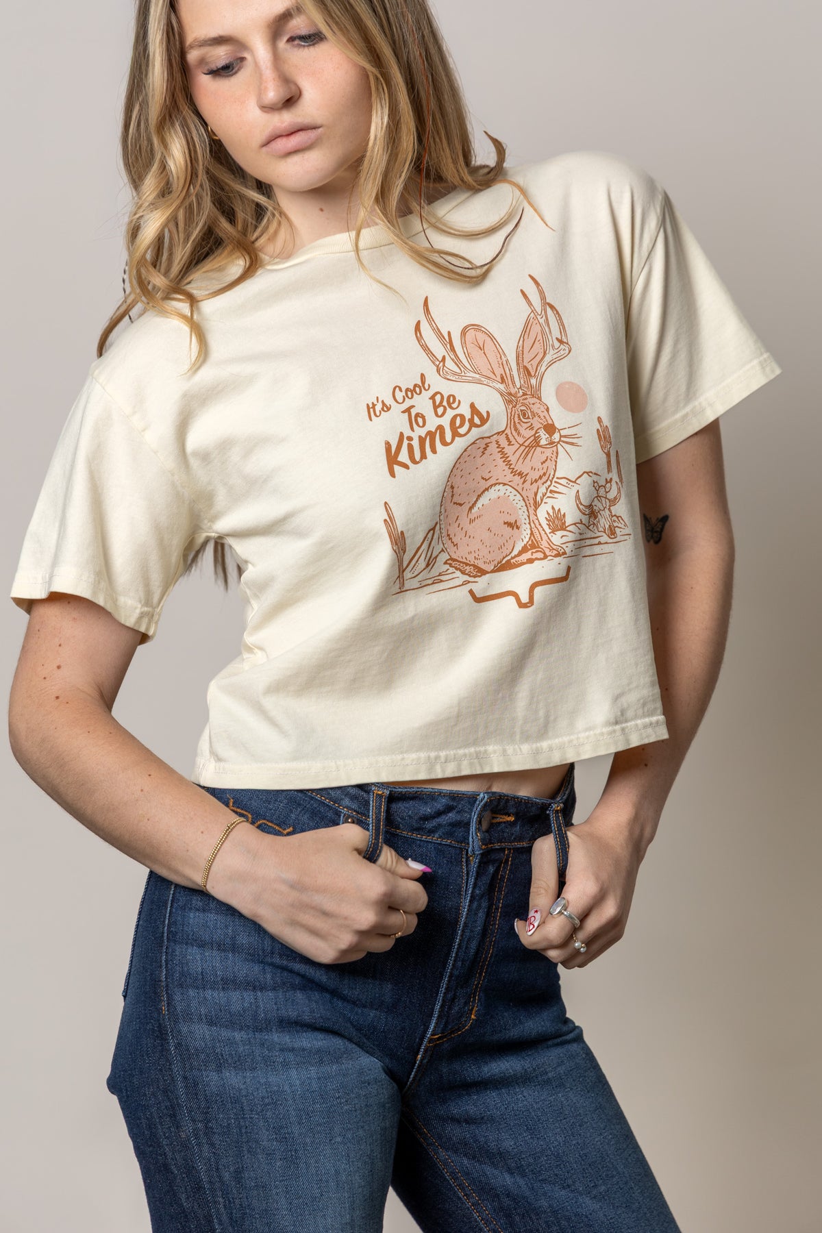 Kimes Ranch Cool Jack shirt in Ivory with a hare graphic and It's Cool To Be Kimes text
