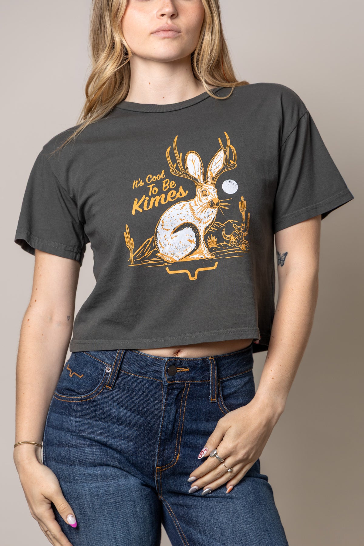 Kimes Ranch Cool Jack shirt in Pepper with a graphic of a jackrabbit with antlers and the text It's Cool To Be Kimes