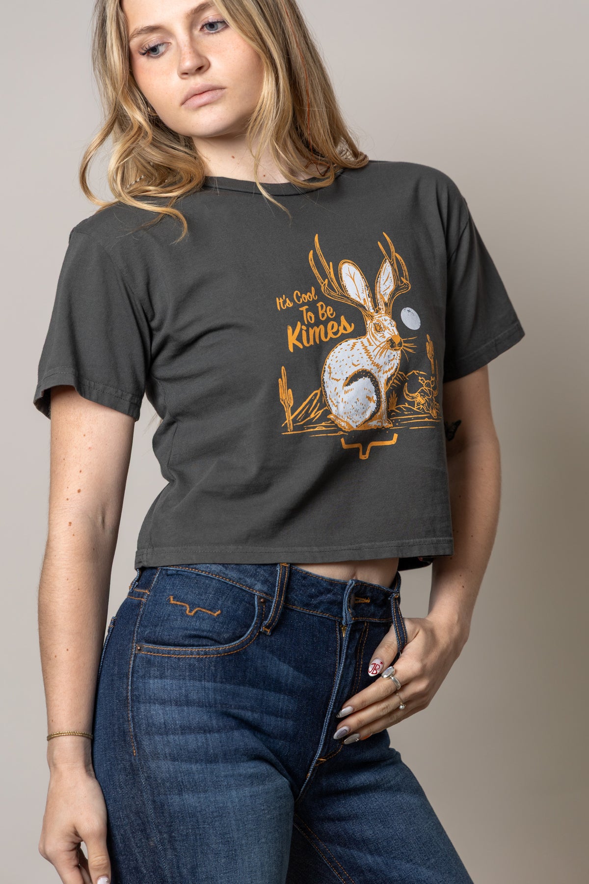 Kimes Ranch Cool Jack shirt in Pepper with a graphic of a jackrabbit with antlers and the text It's Cool To Be Kimes
