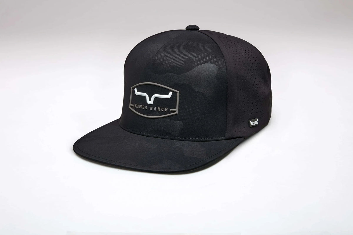 Kimes Ranch Creston hat in Black Camo with a flat brim and the Kimes Ranch logo on the front
