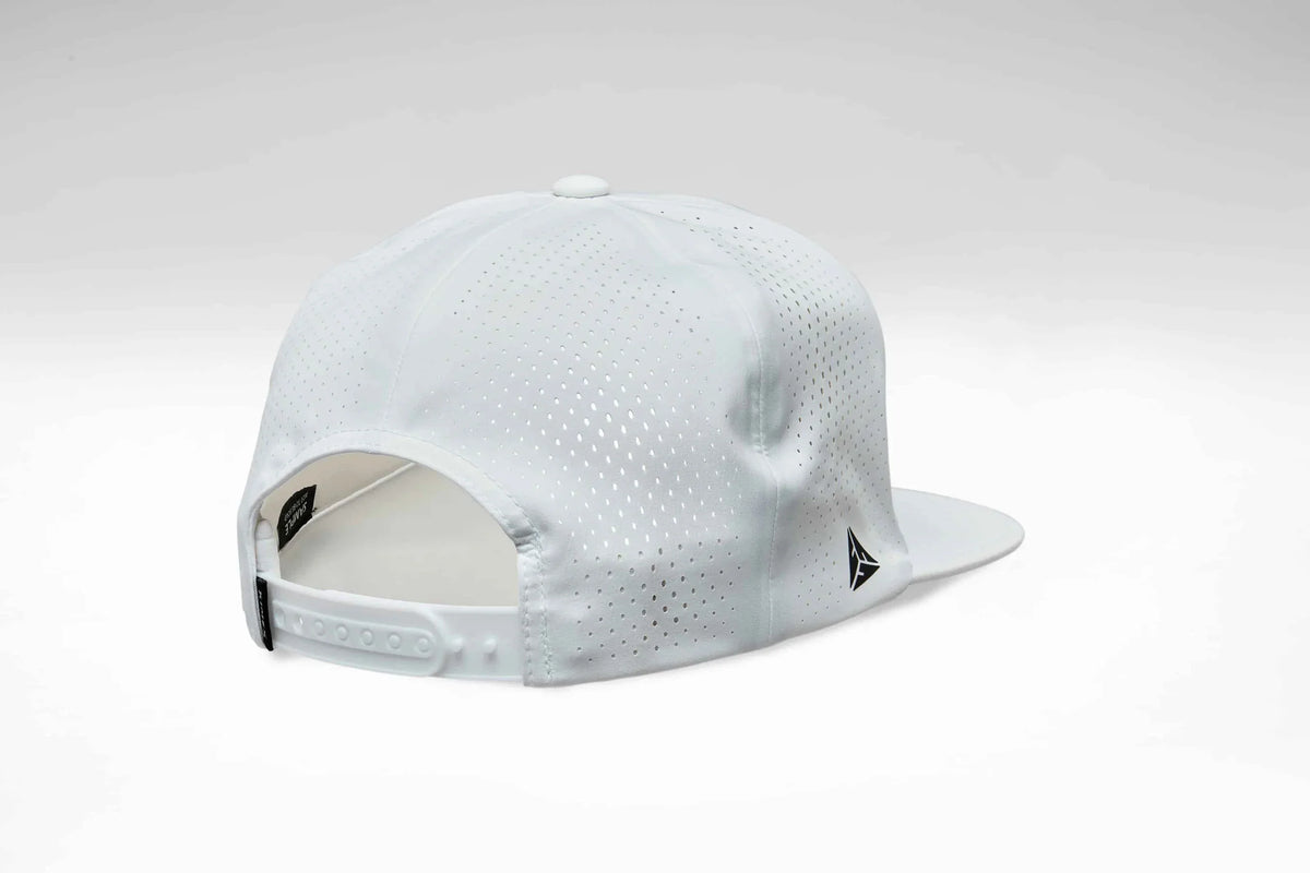 Kimes Ranch Creston, back view, White mesh hat with adjustable strap and logo