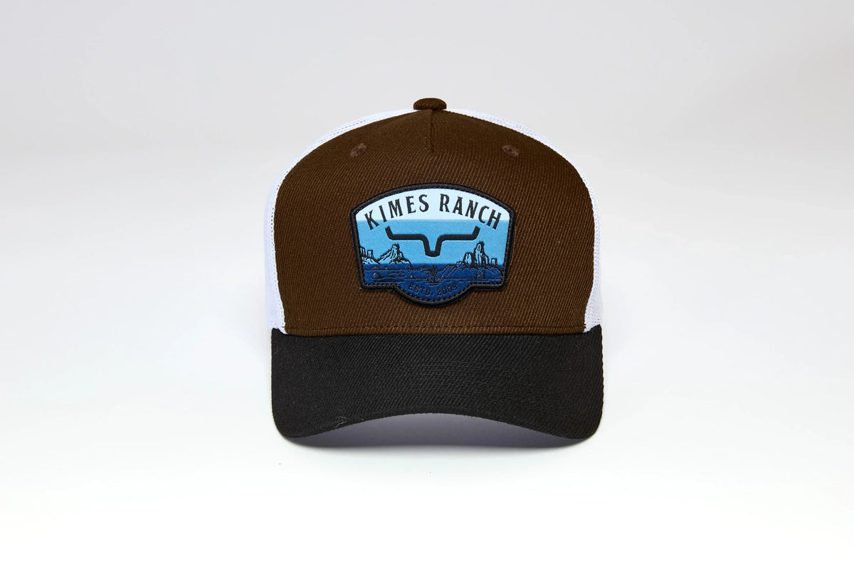 Kimes Ranch Crimson hat in Brown with a front embroidered logo patch and a black brim