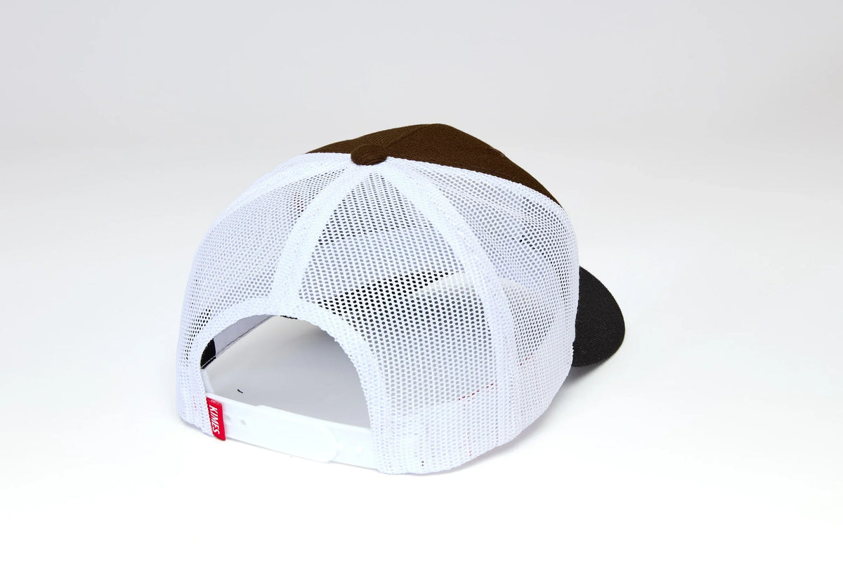 Kimes Ranch Crimson, back view, hat with Brown front panels and white mesh back with adjustable strap