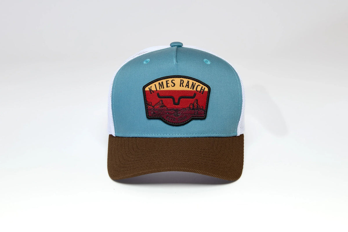 Kimes Ranch Crimson hat in Green with white mesh back and brown brim featuring the Kimes Ranch logo patch