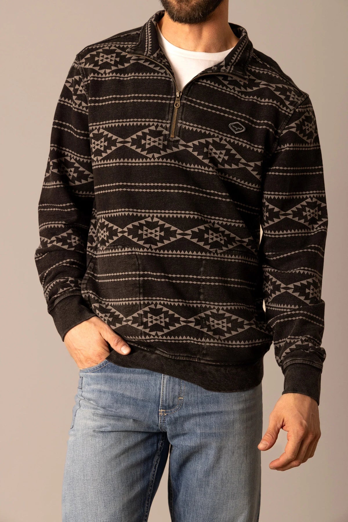 Kimes Ranch Crupper Pullover sweatshirt in Black with a geometric pattern and a front zip pocket