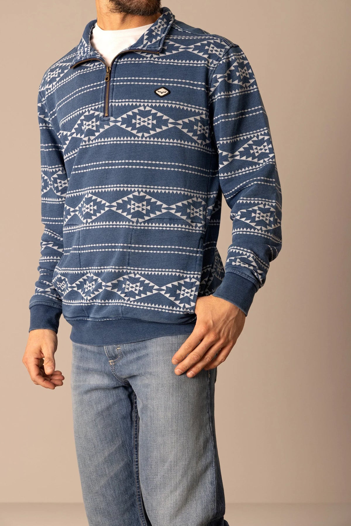 Kimes Ranch Crupper Pullover sweatshirt in Indigo with white geometric pattern and Kimes Ranch logo