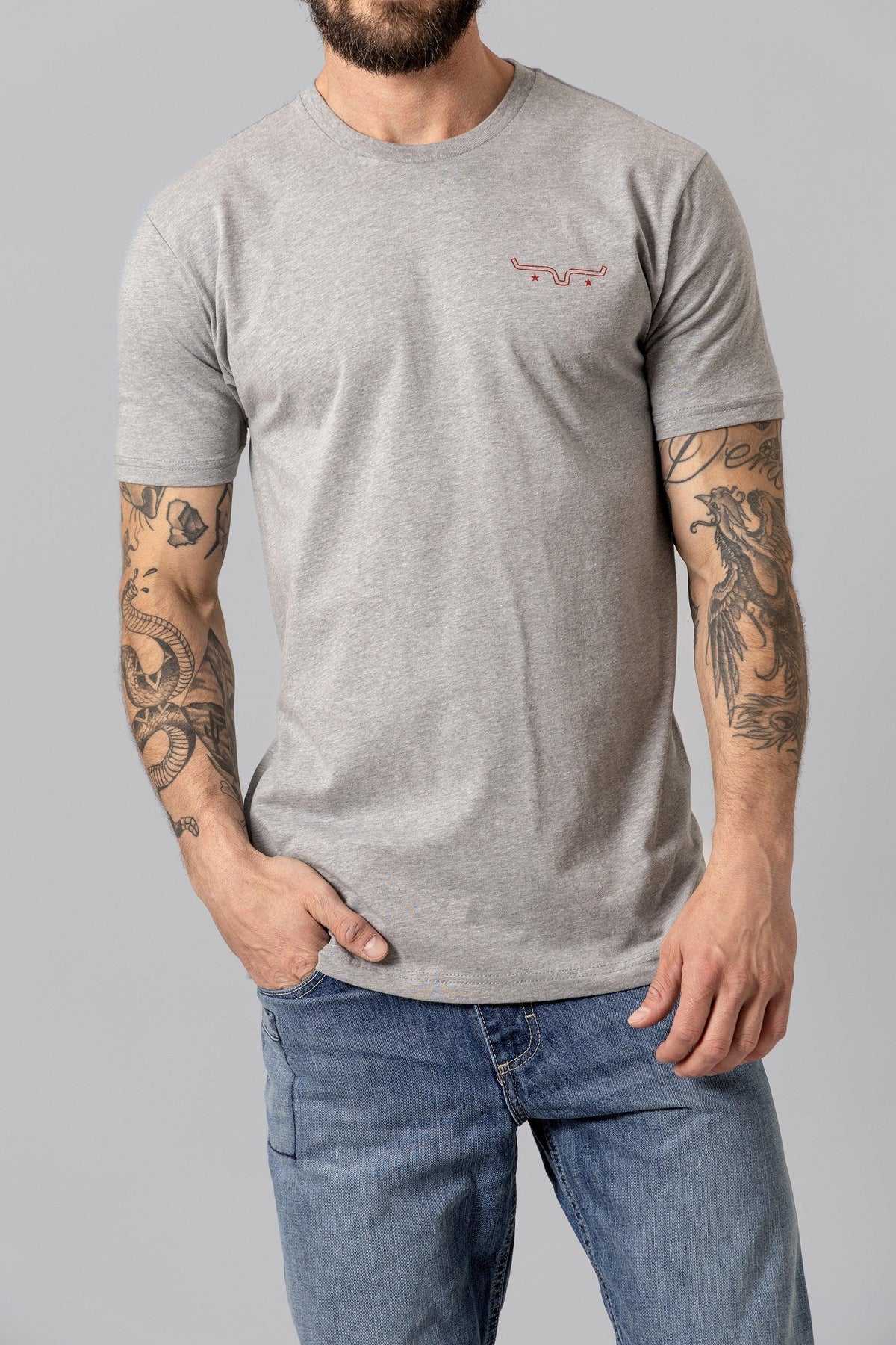 Kimes Ranch American Bullseye Shirt in Dark Grey Heather with a red embroidered logo on the chest