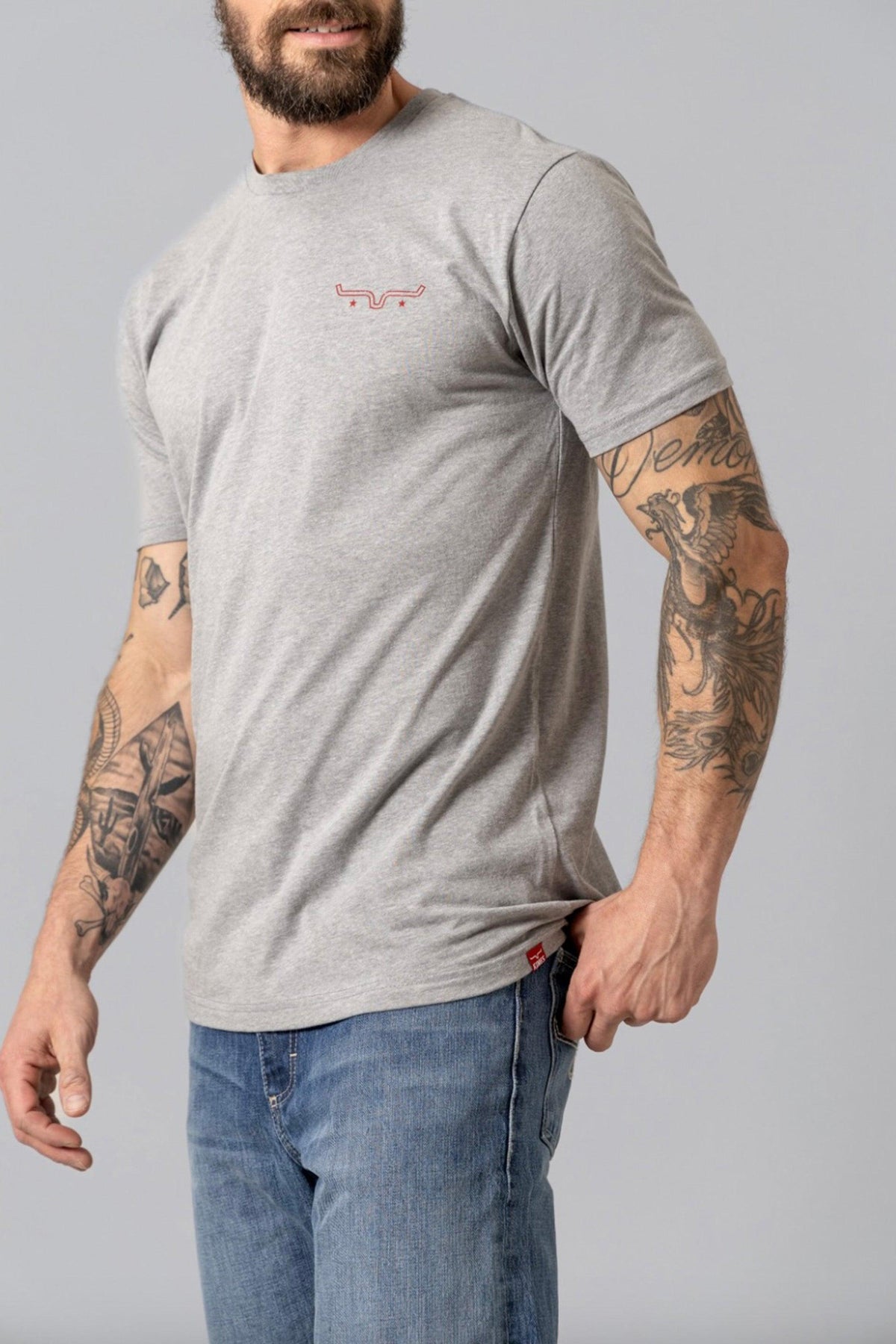 Kimes Ranch American Bullseye Shirt in Dark Grey Heather with a red embroidered logo on the chest