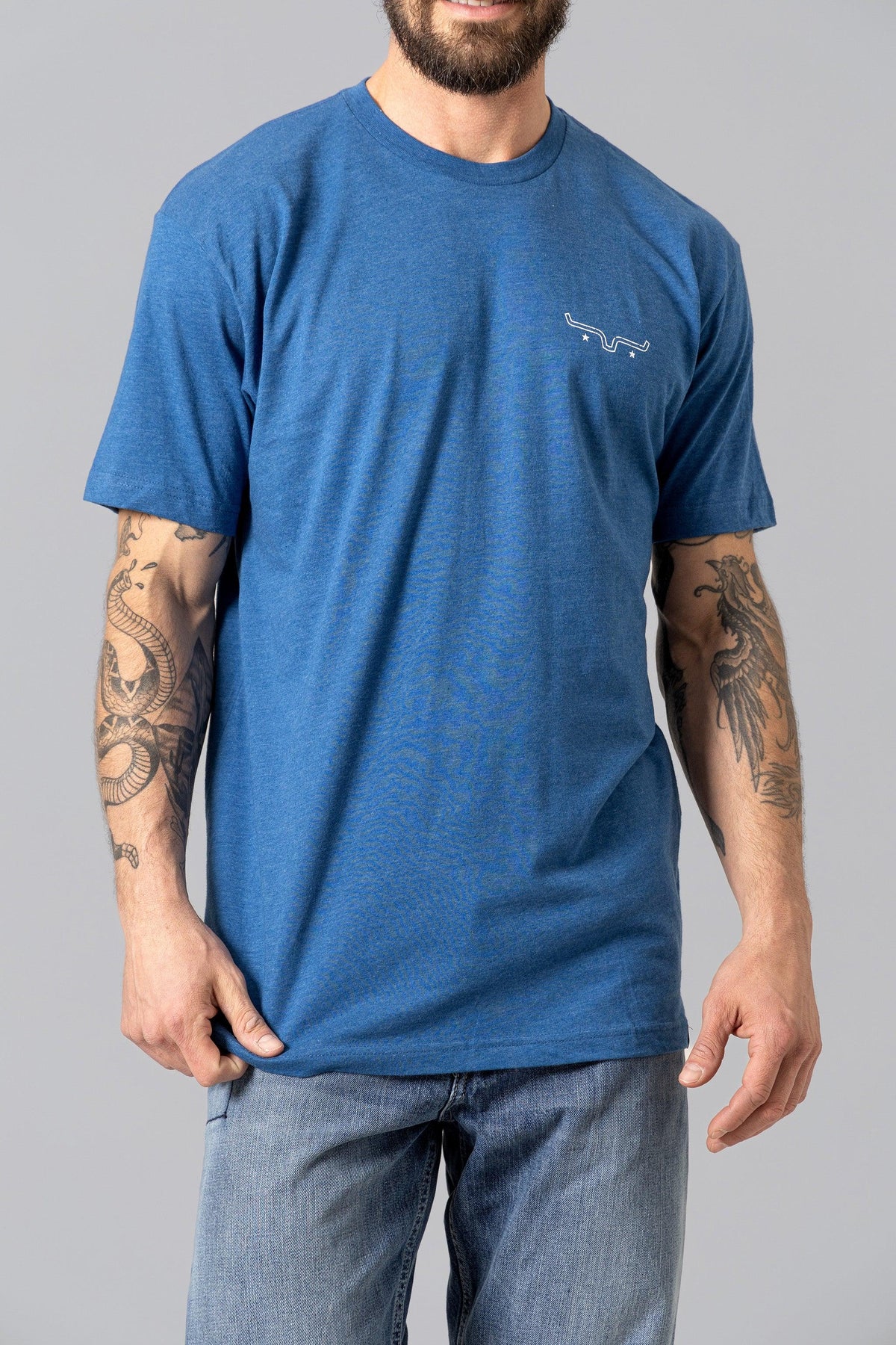 Kimes Ranch American Bullseye Shirt in Heather Cool Blue with a white logo on the chest