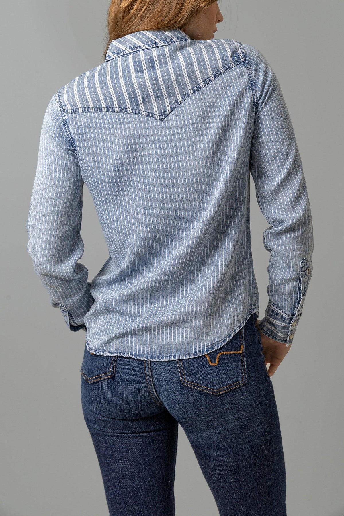 Kimes Ranch KC Tencel Stripe dress shirt in Mini Stripe, back view, with a back yoke and long sleeves