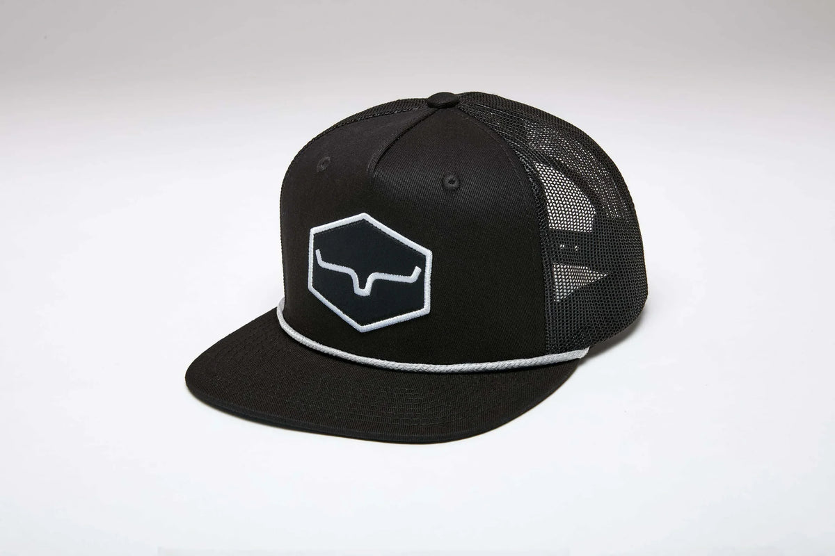 Kimes Ranch DG Mesher Black trucker hat with a flat brim and a white logo on the front