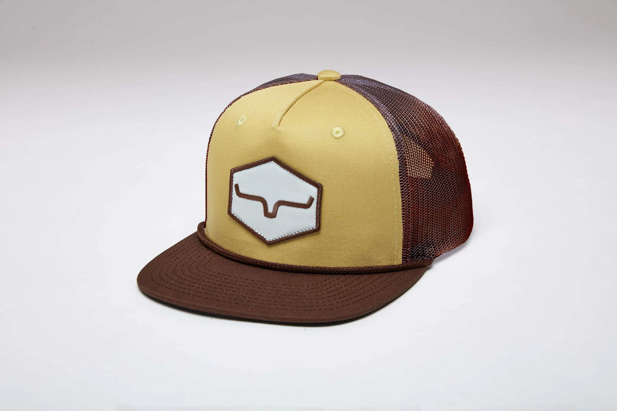 Kimes Ranch DG Mesher hat in Gold, side view, with brown mesh back and logo patch
