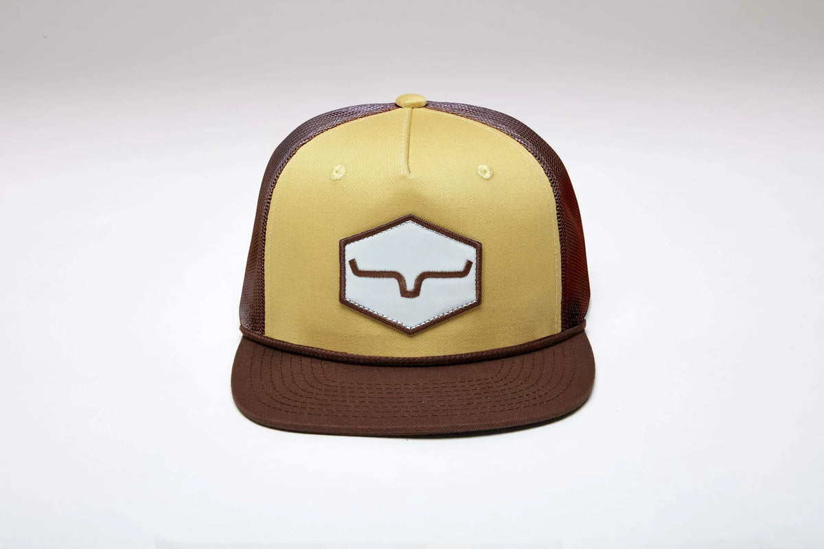 Kimes Ranch DG Mesher hat in Gold with brown mesh and brim, featuring the Kimes Ranch logo on the front