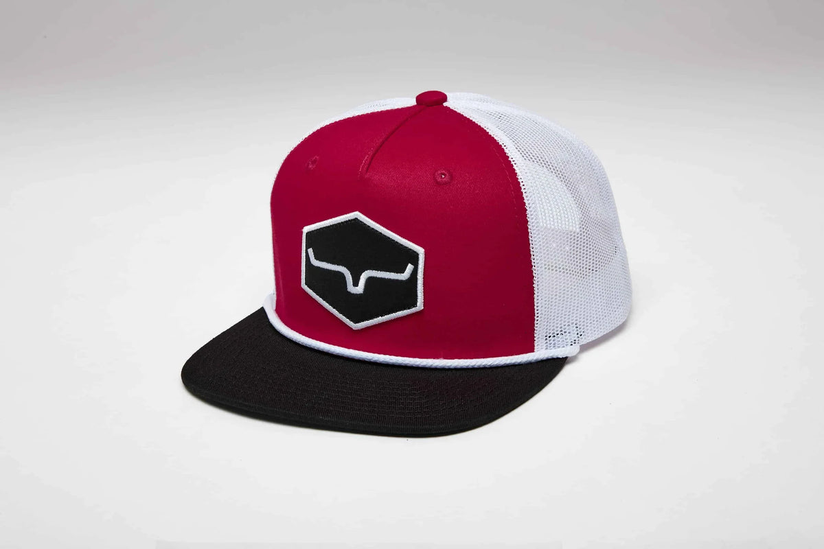 Kimes Ranch DG Mesher hat in Red, side view, with a black brim and white mesh back featuring the Kimes Ranch logo