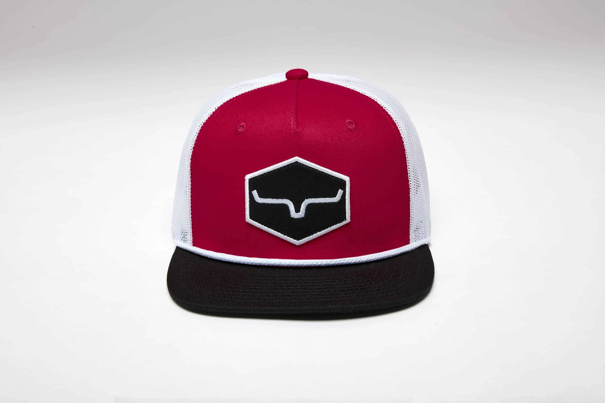 Kimes Ranch DG Mesher Red trucker hat with white mesh back and black brim featuring the Kimes Ranch logo