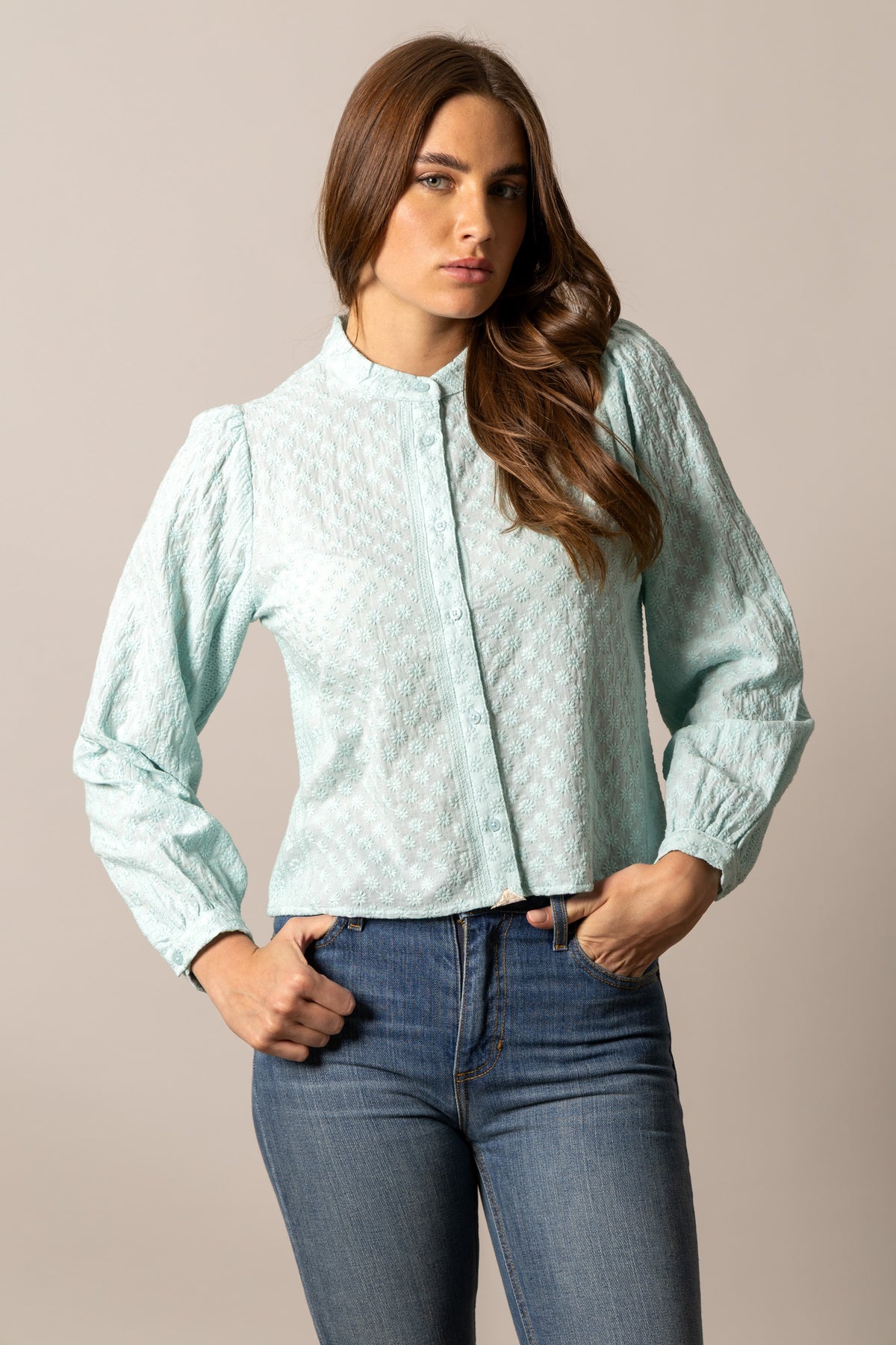 Kimes Ranch Daisychain top in Ice Blue with a button front and long sleeves