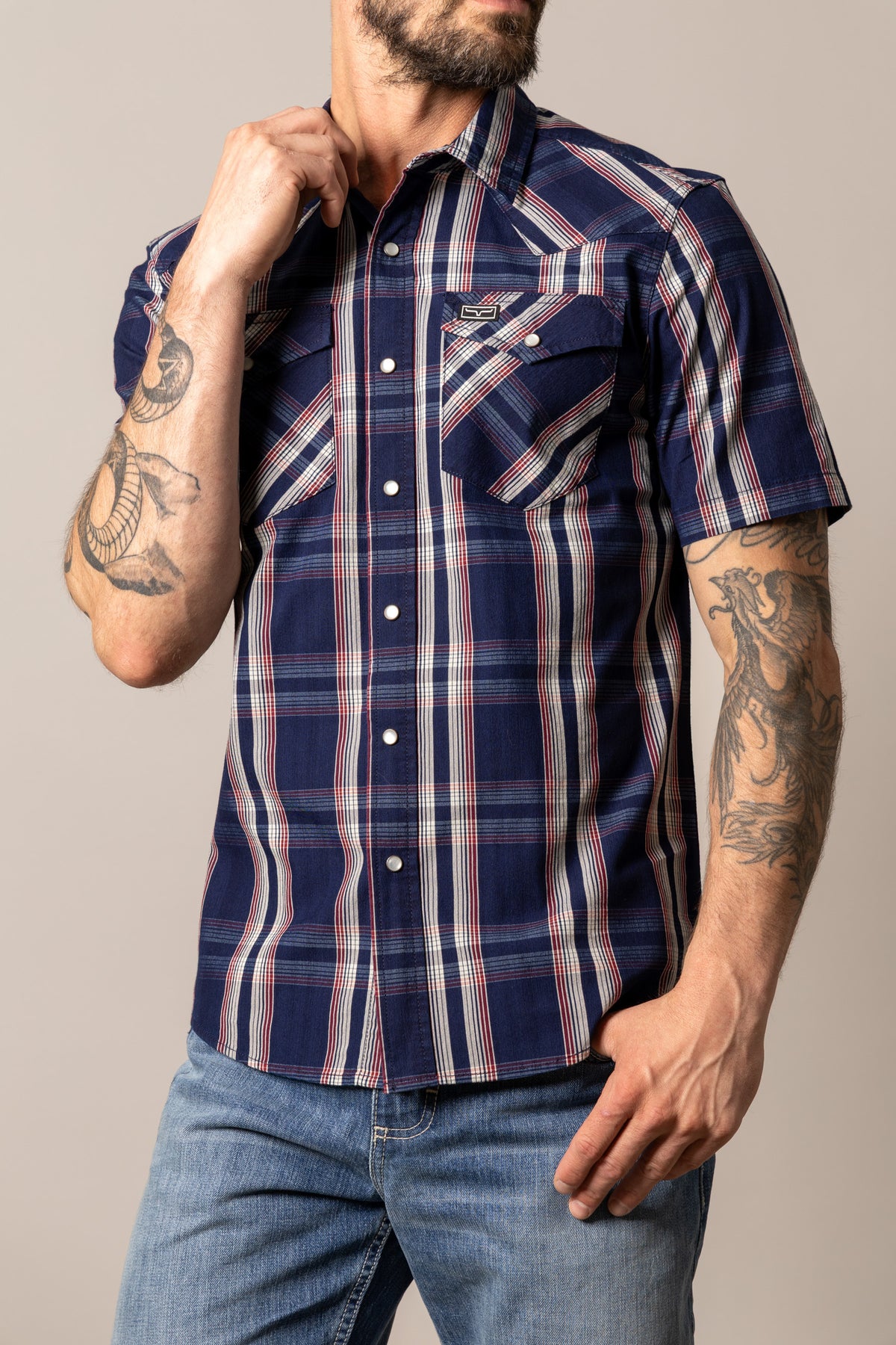 Kimes Ranch Davis dress shirt in Indigo with a plaid pattern and chest pockets