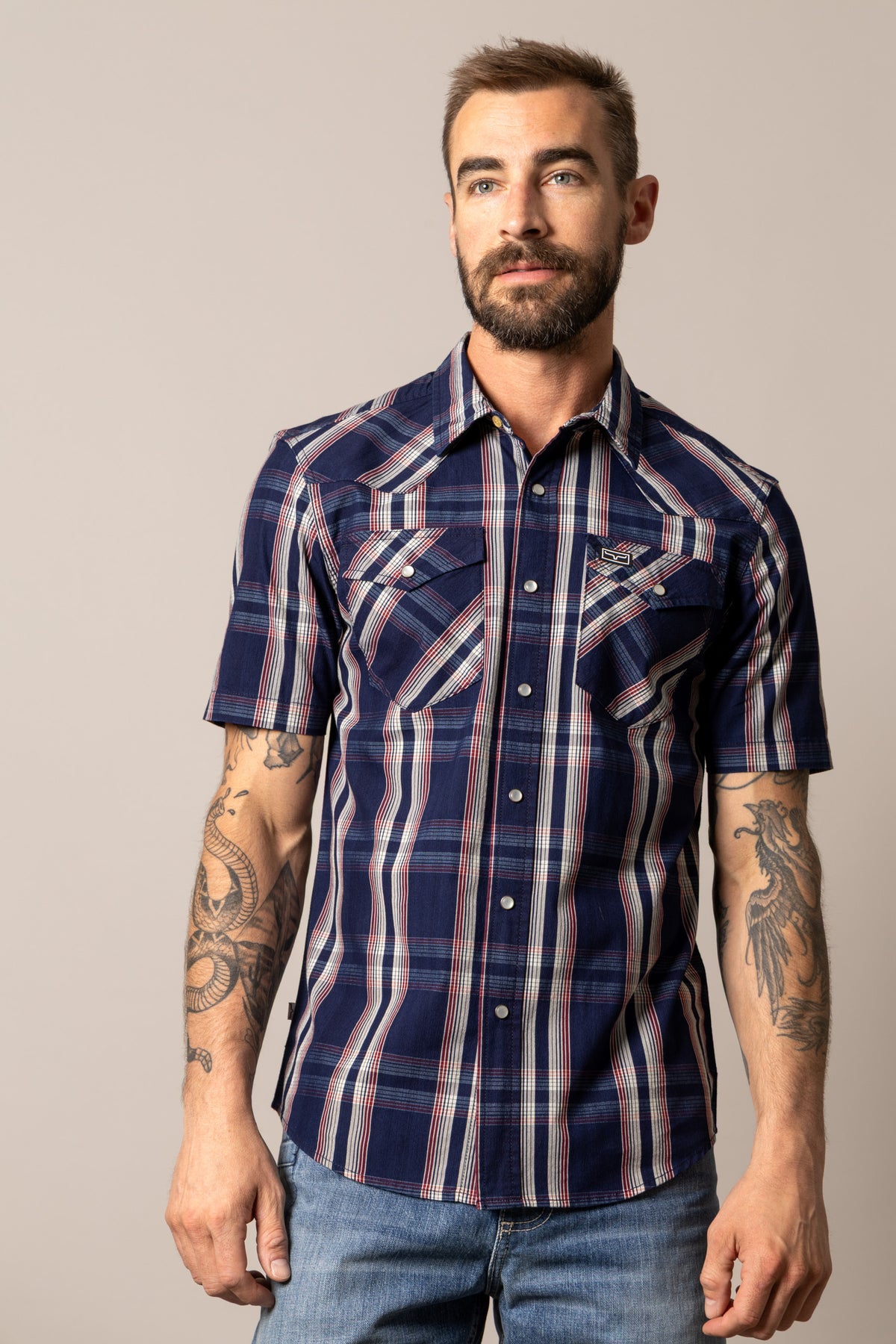 Kimes Ranch Davis short sleeve dress shirt in Indigo with a plaid pattern and two chest pockets