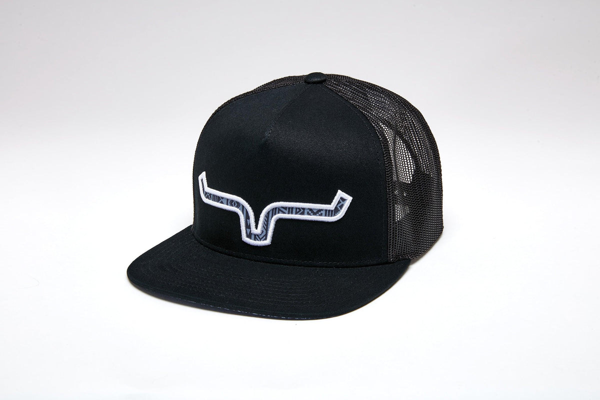 Kimes Ranch Delano Black trucker hat with a flat brim and the Kimes Ranch logo embroidered on the front