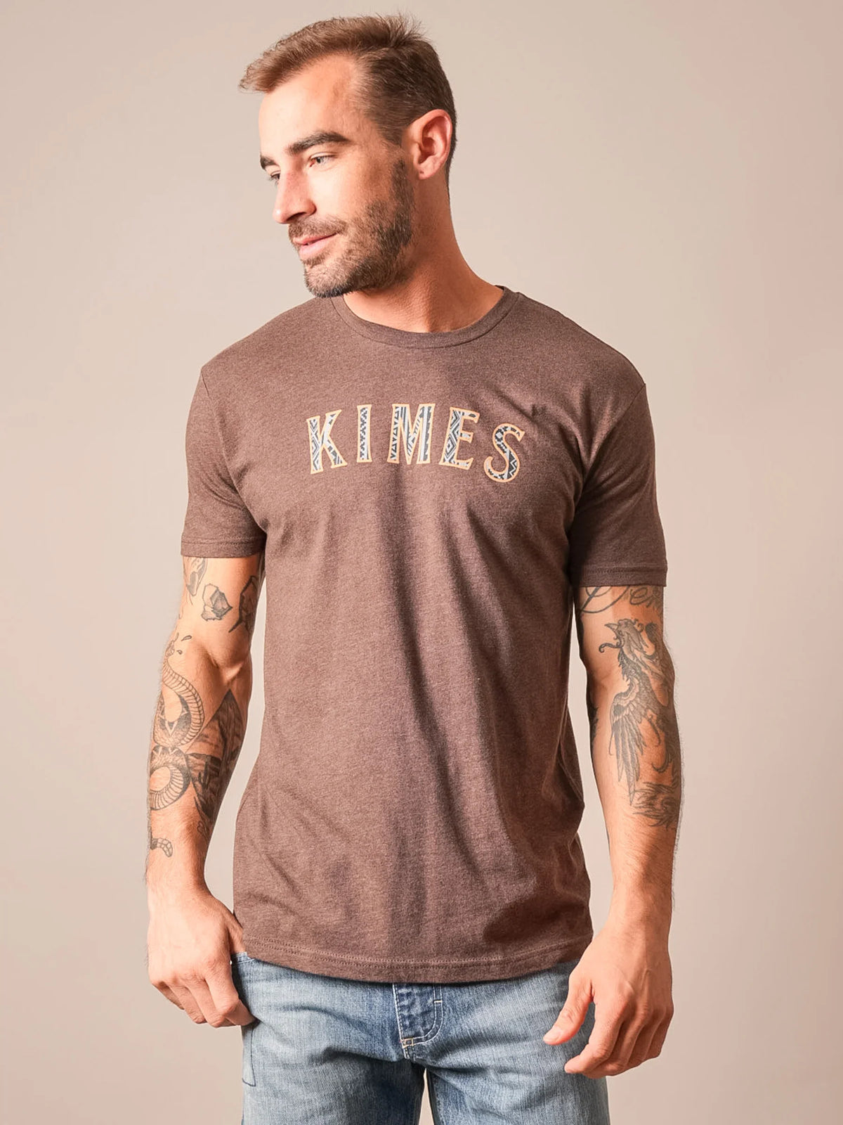 Kimes Ranch Delano shirt in Espresso with a graphic print featuring the word KIMES