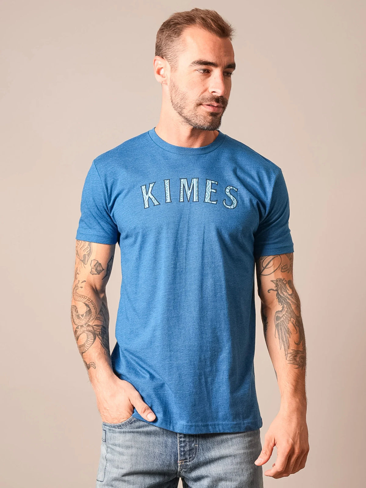 Kimes Ranch Delano shirt in Marine Blue with KIMES arched across the chest