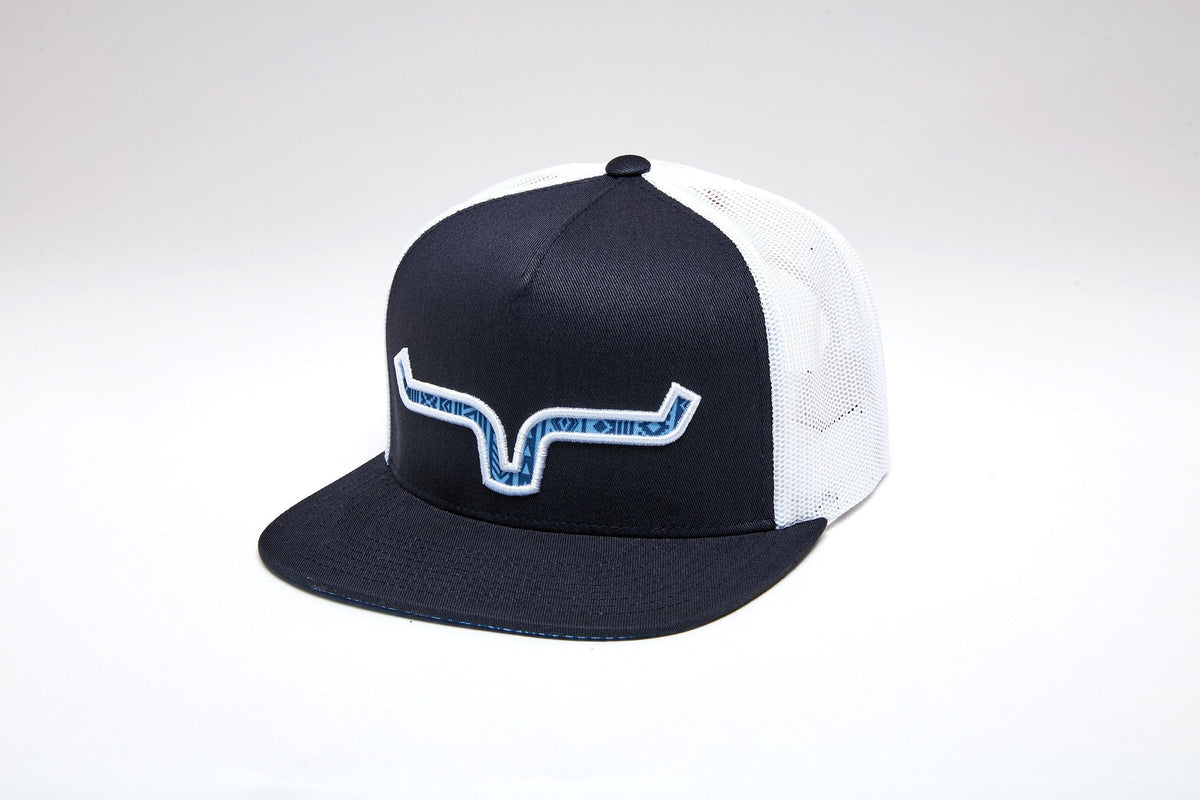 Kimes Ranch Delano hat in Navy, side view, with white mesh back and blue steer logo