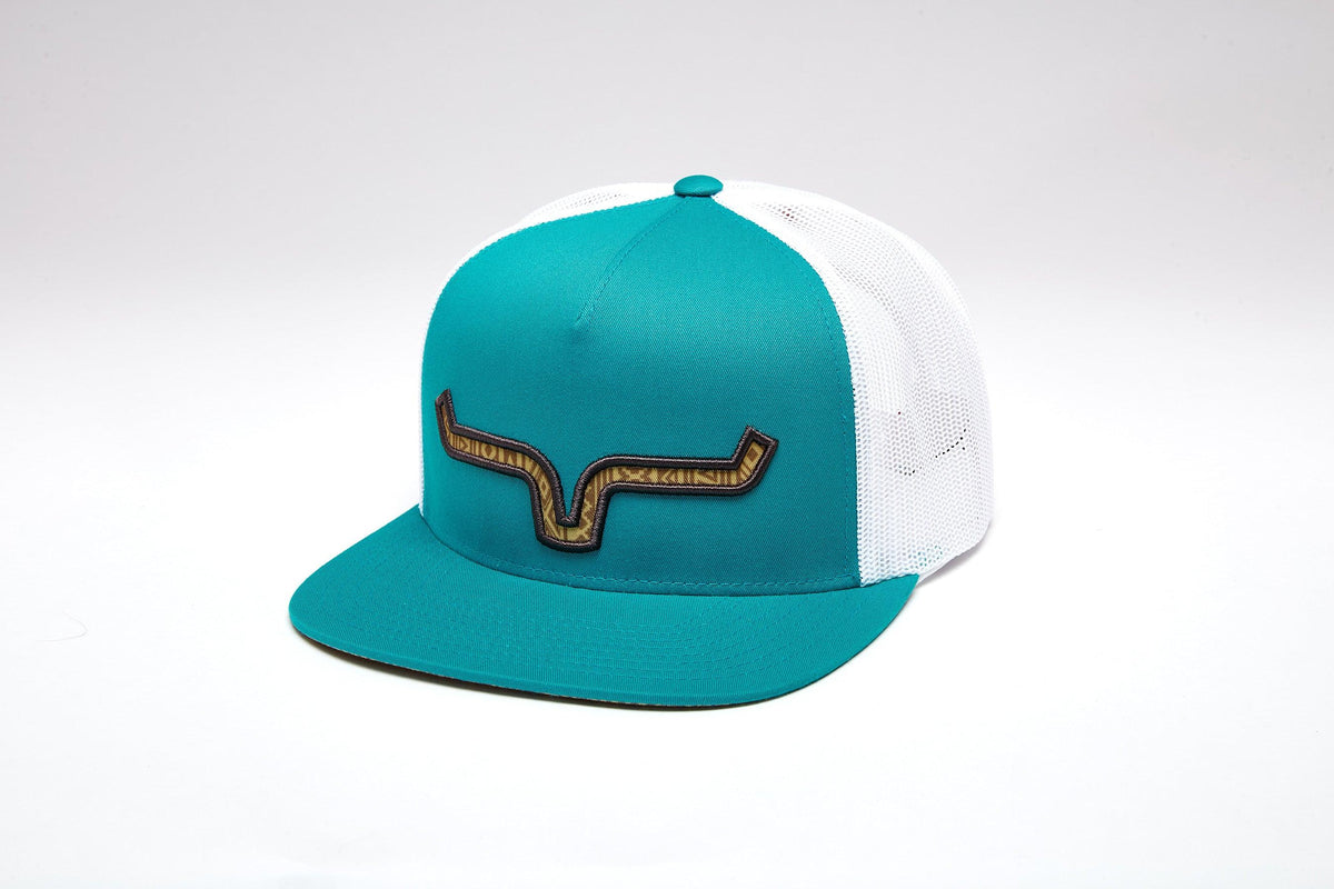 Kimes Ranch Delano, side view, Teal trucker hat with white mesh back and embroidered Kimes Ranch logo