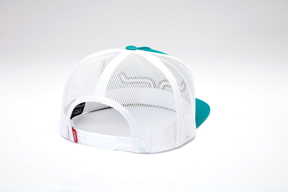 Kimes Ranch Delano, back view, hat with white mesh back and Teal brim