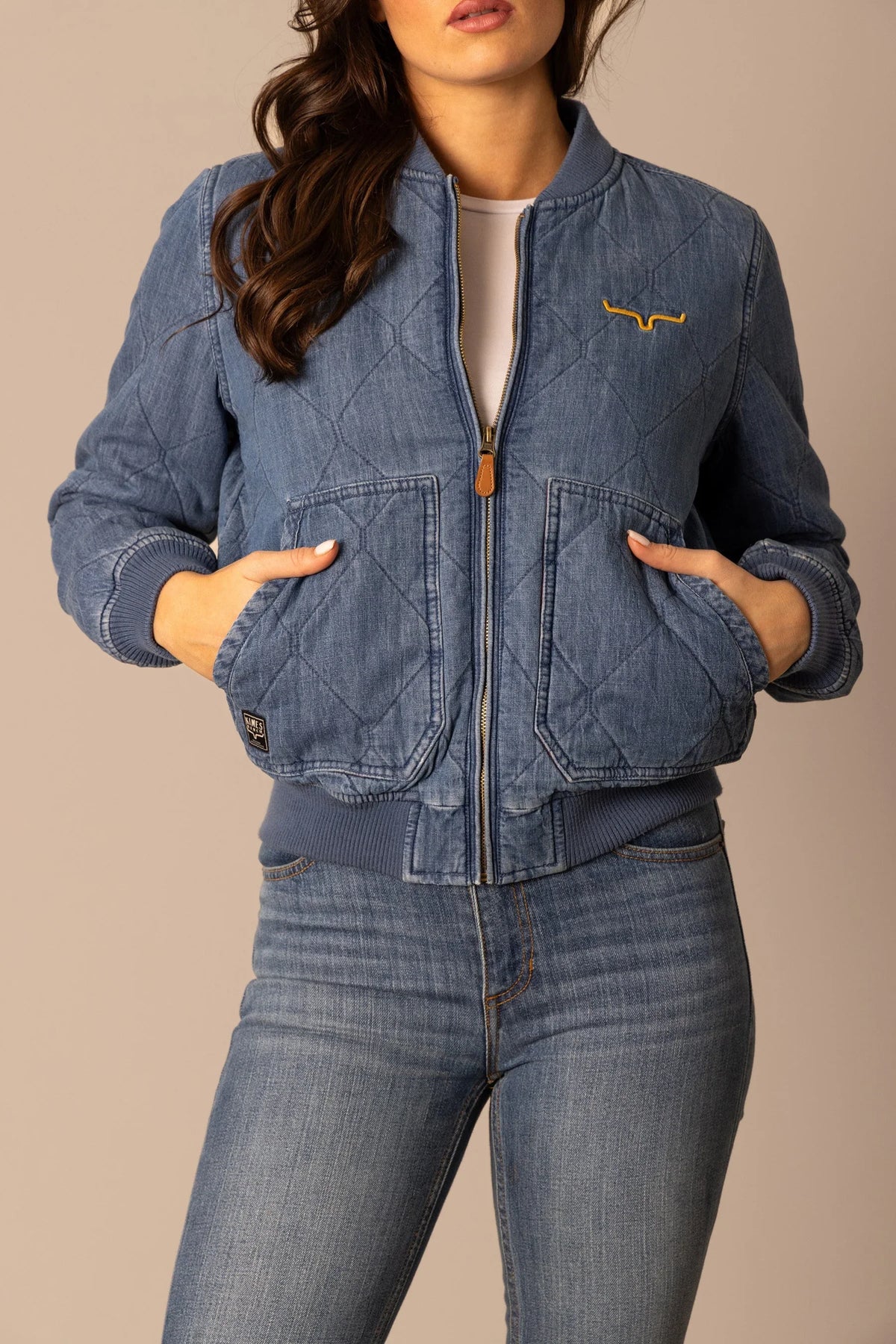 Kimes Ranch Marino Bomber Jacket in Light Indigo with diamond quilting and front pockets