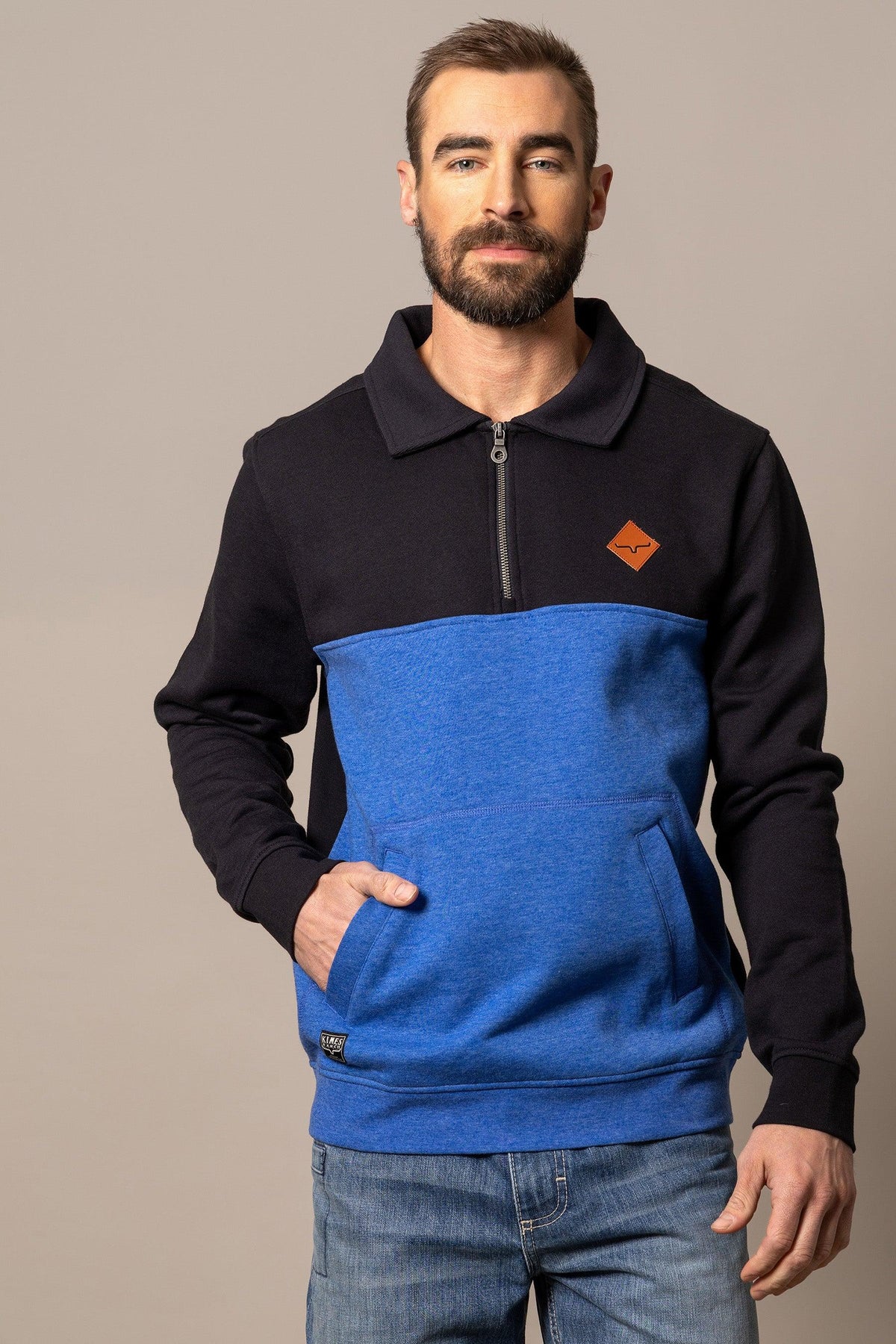 Kimes Ranch Diamond Head QZ Sweatshirt in Black And Blue with a half-zip collar and front kangaroo pocket