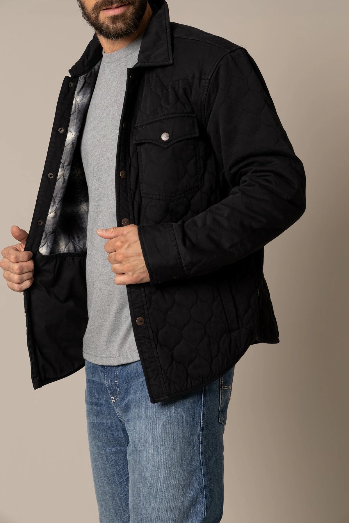 Kimes Ranch Dickson Shacket in Black with quilted texture, button front, and plaid lining
